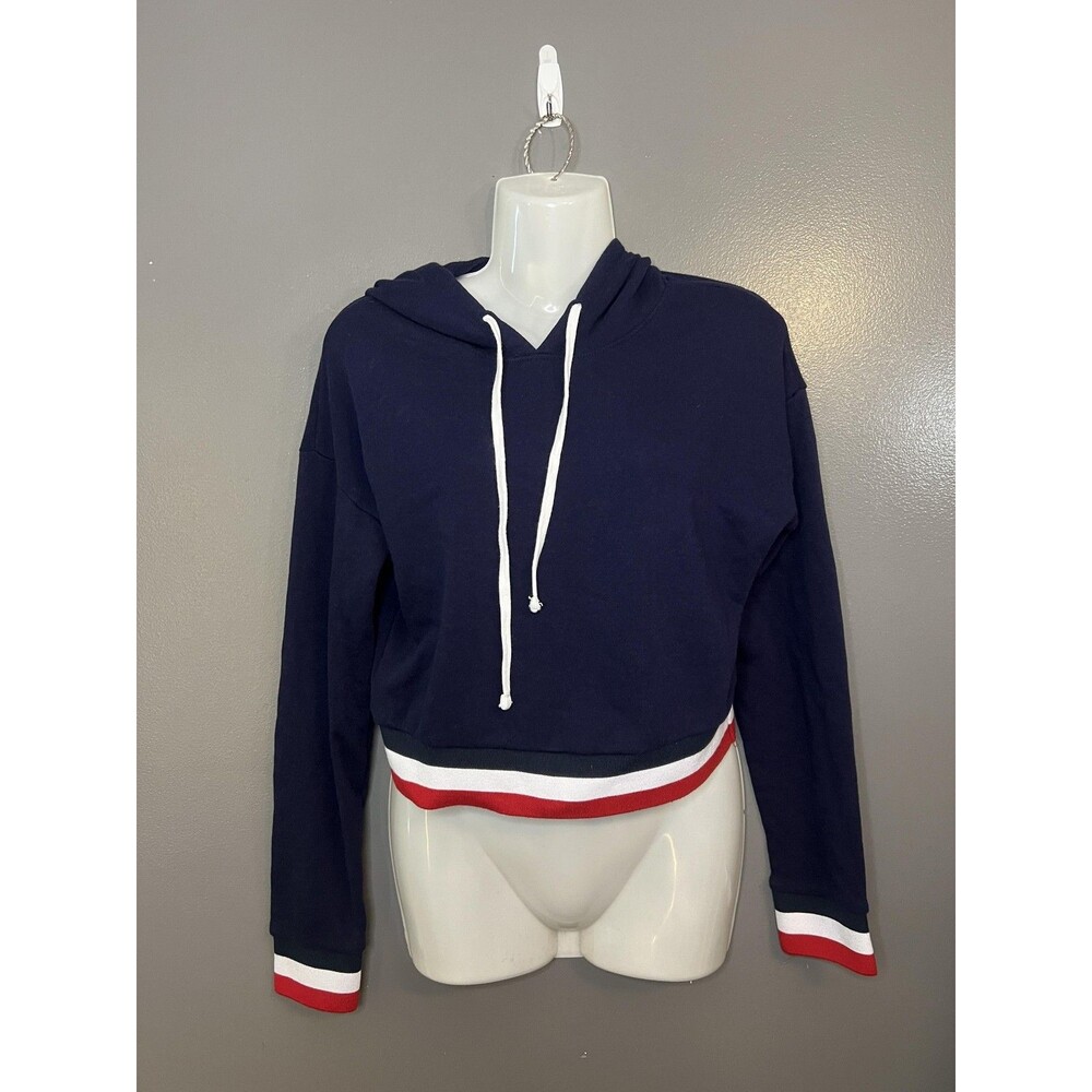 Bozzolo Hoodie Womens Large Navy Cropped Pullover Sweatshirt Red White Trim
